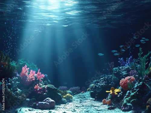 A realistic photo of an underwater scene with coral reefs and fish, illuminated by sunlight filtering through the water's surface.