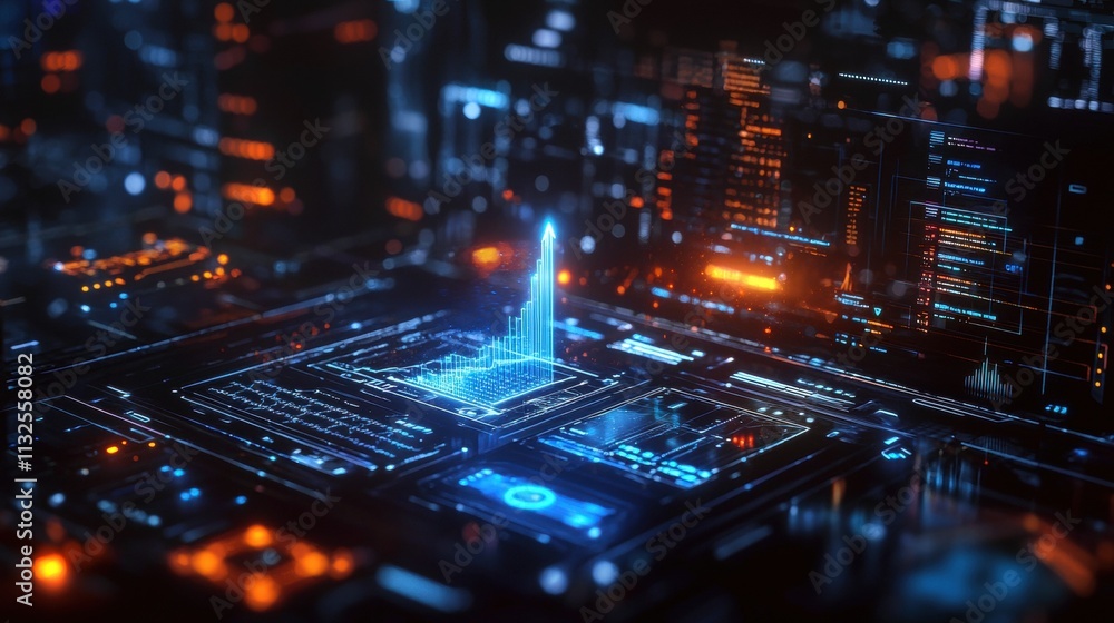 Obraz premium Futuristic data visualization with glowing blue and orange elements in a digital landscape.