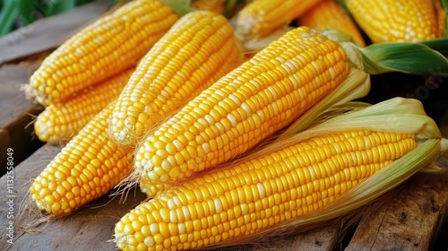 freshly harvested ripe yellow corn cobs on wooden surface close up showcasing agricultural bounty and natural beauty photo