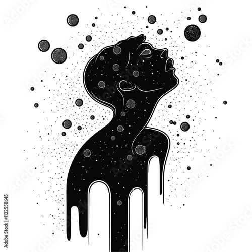 Silhouette profile with cosmic starry patterns.