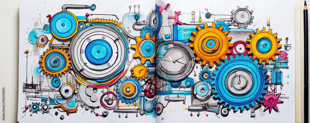 Obraz premium Colorful gears and mechanical elements in an artistic sketch spread across a notebook page