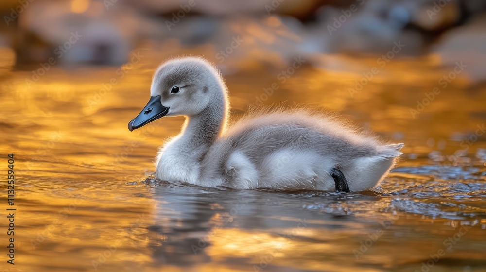 Fototapeta premium Gentle young swan gliding through shimmering waters at golden hour showcasing soft plumage and serene elegance in a tranquil setting