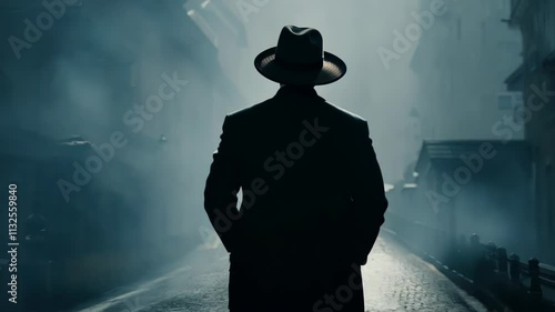 Mysterious figure walks through a foggy alley at dusk in search of hidden secrets and untold stories. Generative AI