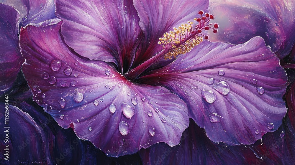 Obraz premium Vibrant Close-up of Purple Hibiscus Flower with Dew Drops