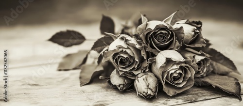 Romantic vintage bouquet of wilting roses with monochrome filter capturing a nostalgic and timeless floral arrangement photo