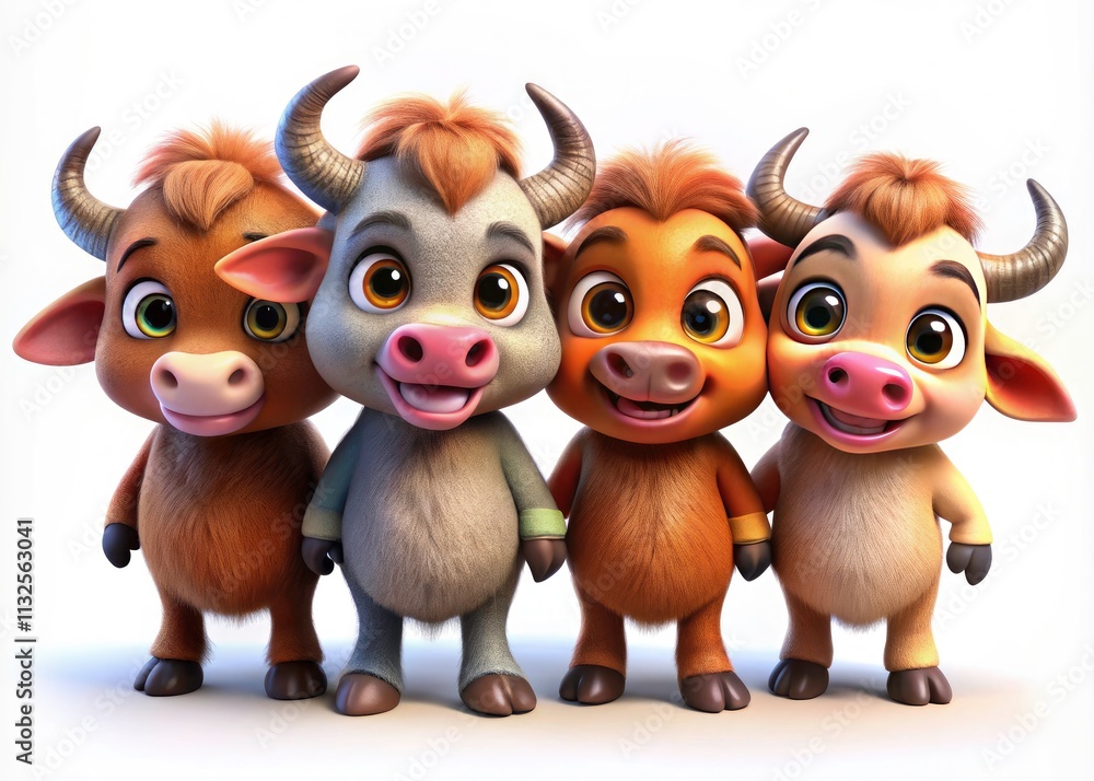 Obraz premium Cute cartoon buffalo characters in a charming lineup against a white backdrop.