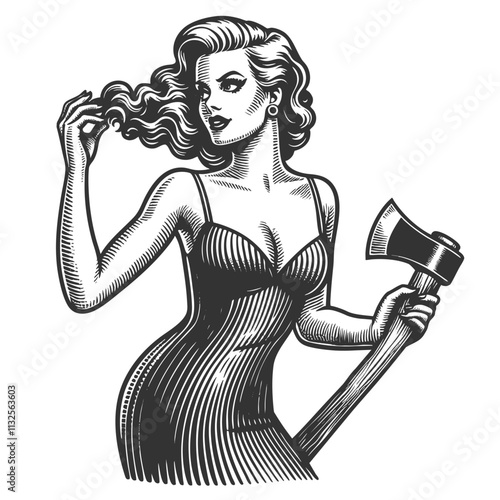pin-up woman in a form-fitting tight dress with axe over her shoulder sketch engraving generative ai fictional character vector illustration. Scratch board imitation. Black and white image.