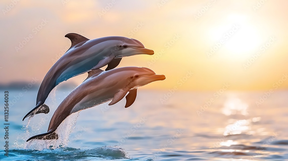 Fototapeta premium Two dolphins leaping high above ocean waves at sunset.