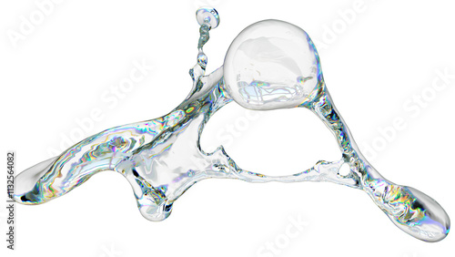 Realistic 3D splash of clear liquid, showcasing a smooth, flowing wave with scattered droplets. Perfect for promoting beverages, fresh products, or hydrating solutions in advertising and packaging. 