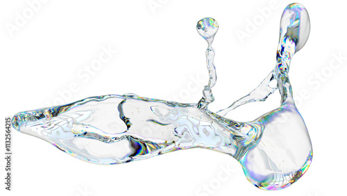 Realistic 3D splash of clear liquid, showcasing a smooth, flowing wave with scattered droplets. Perfect for promoting beverages, fresh products, or hydrating solutions in advertising and packaging. 
