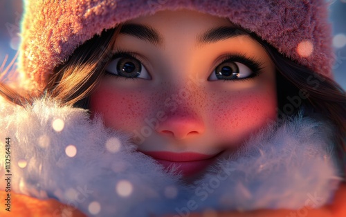 A close-up of a woman with rosy cheeks and a bright smile wearing a fluffy scarf and a winter hat for winter vibes photo