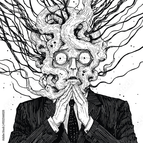 Grotesque figure in a suit with tangled head and eyes.