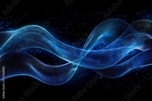 Abstract blue color digital particles wave with bokeh and light background