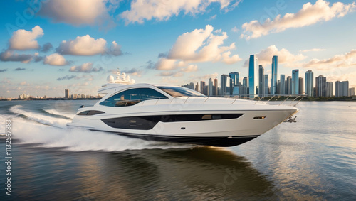 Wallpaper Mural A luxury yacht sailing on a calm ocean with a coastal town in background Torontodigital.ca