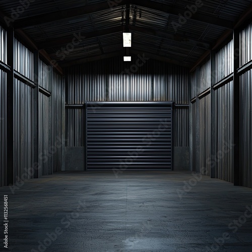 empty dark industrial garage with a steel roller shutter door, metal floor, and walls as a background for product presentation mock-up