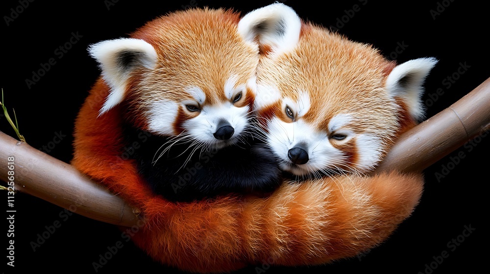 Obraz premium Two red pandas cuddling on a branch against a black background.