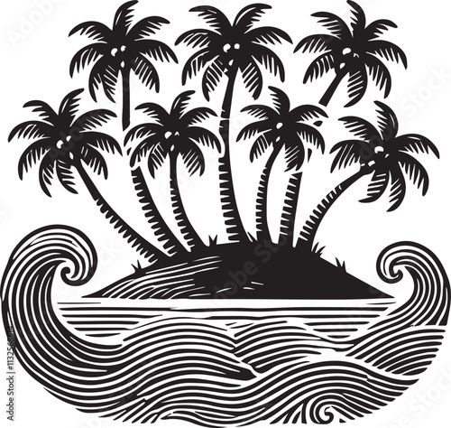 A cluster of palm trees on a small island surrounded by waves vector silhouette