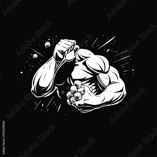 Muscular arm crushing pills in dynamic black and white art.