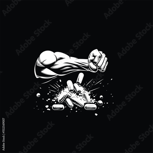 Muscular arm crushing pills in dynamic black and white art.
