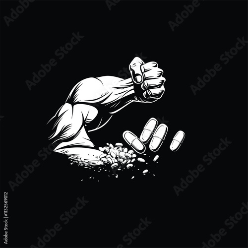 Muscular arm crushing pills in dynamic black and white art.