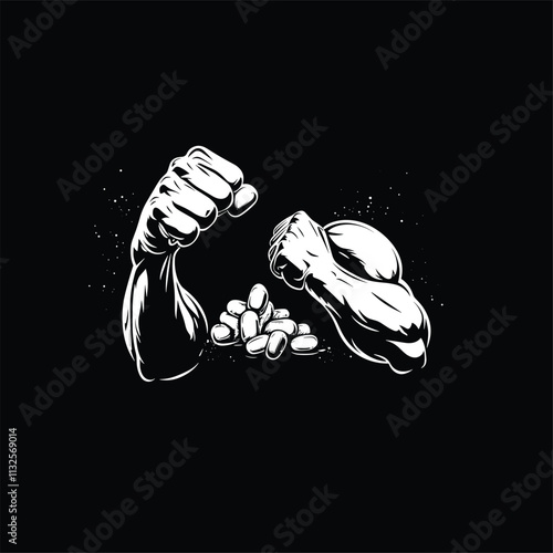 Muscular arm crushing pills in dynamic black and white art.