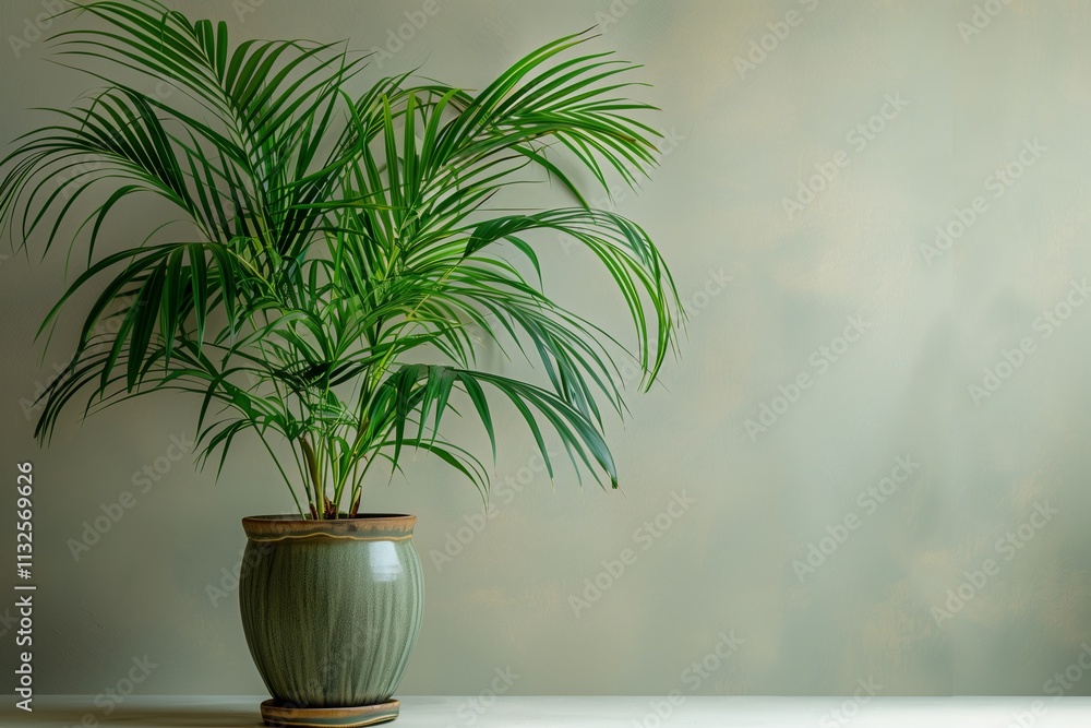 Fototapeta premium A vibrant green palm plant in a decorative pot against a soft background.