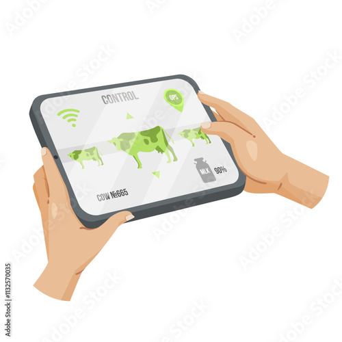 Hands holding a tablet displaying a smart farm livestock monitoring interface, featuring cow data and GPS indicators, on a white background. Vector illustration.