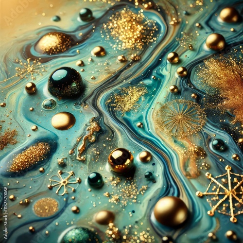 Various stains and overflows of gold particles in blue fluid with green tints. Golden particles dust and smooth defocused background. Liquid iridescent shiny backdrop with depth of field.
 photo