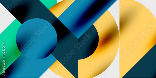 Detailed composition of circles, semicircles, and triangles with glossy effects and smooth gradients. A sleek and modern vector design for creative and tech-inspired projects