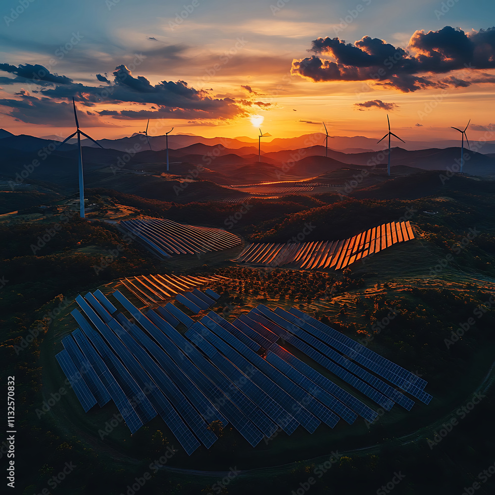 Fototapeta premium Sunrise Over Renewable Energy Landscape