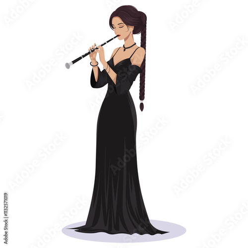 Woman with braided hair in a black gown playing a clarinet, on a white background. Concept of music and elegance. Vector illustration