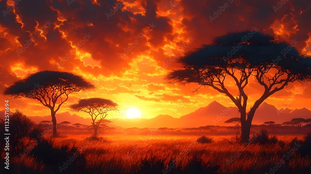 Fototapeta premium A sunset over a savanna with two trees in the foreground