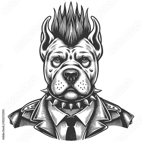 dog with a mohawk and spiked collar, humorously blending punk style with canine character sketch engraving generative ai vector illustration. Scratch board imitation. Black and white image.