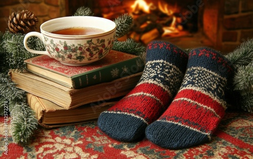 Wallpaper Mural A stack of books a cup of herbal tea and a pair of cozy socks in a warm room setting for winter cold Torontodigital.ca