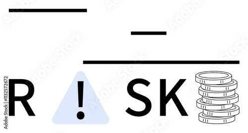 RISK text incorporates a caution symbol and is followed by a stack of coins. Ideal for finance, business strategy, investment planning, financial advice, risk assessment, economic forecasting