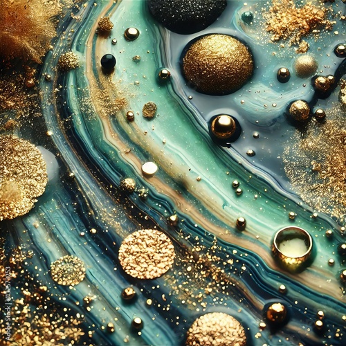 Various stains and overflows of gold particles in blue fluid with green tints. Golden particles dust and smooth defocused background. Liquid iridescent shiny backdrop with depth of field.
 photo