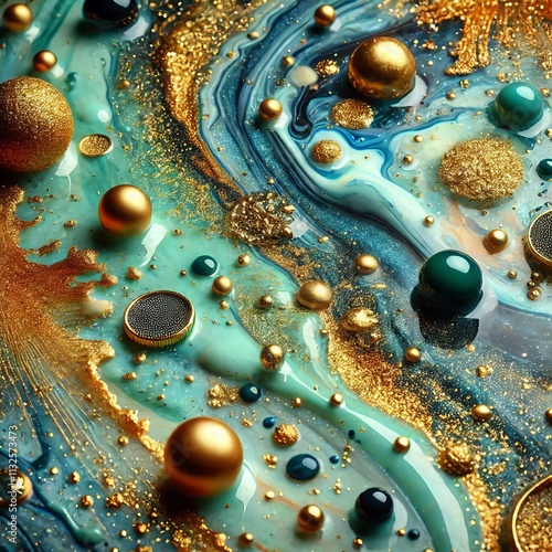 Various stains and overflows of gold particles in blue fluid with green tints. Golden particles dust and smooth defocused background. Liquid iridescent shiny backdrop with depth of field.
 photo