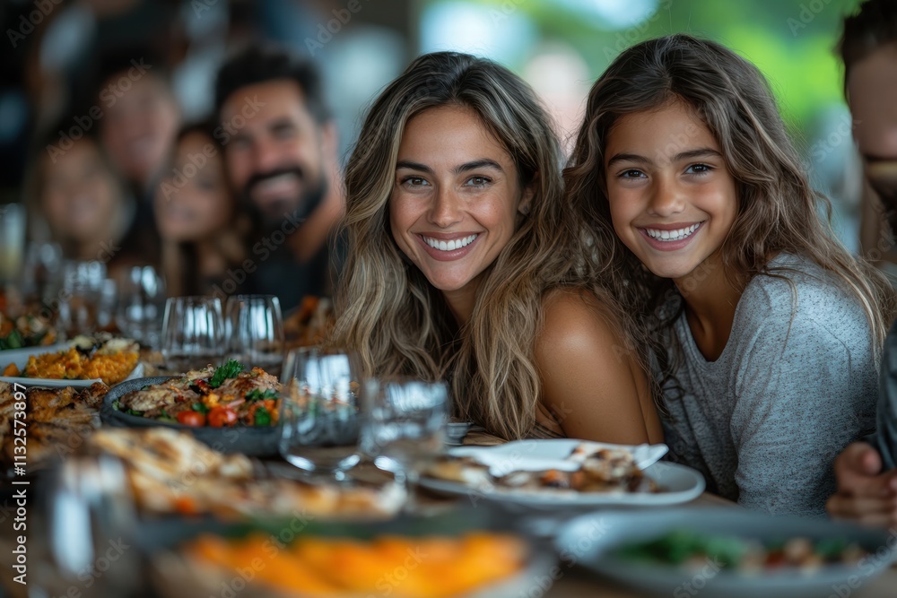 Fototapeta premium Family gathering around a large table with joyful smiles and delicious food