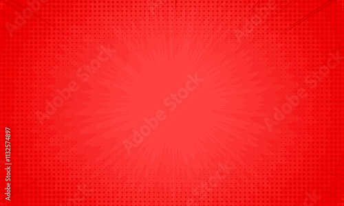 Red comic sunburst effect background with halftone. pop art comic style vector background.