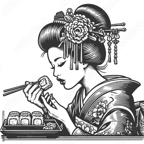 geisha in ornate hair accessories eating sushi with chopsticks, elegance and Japanese culture sketch engraving generative ai vector illustration. Scratch board imitation. Black and white image.