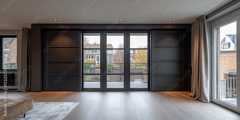 Fototapeta premium Modern living room with large glass doors leading to a balcony and city view.