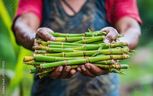 A close-up of a Mizo farmer holding harvested bamboo shoots, symbolizing prosperity and celebration photo