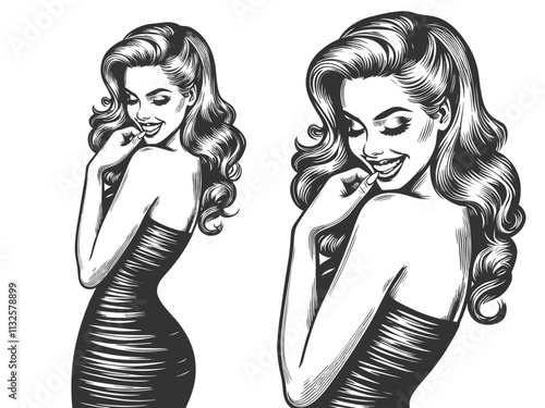 Playful smiling beautiful young woman flirty biting her finger sketch engraving generative ai fictional character vector illustration. Scratch board imitation. Black and white image.
