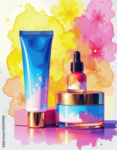 Vibrant skincare design with colorful splash for cosmetic branding and trendy packaging inspiration photo