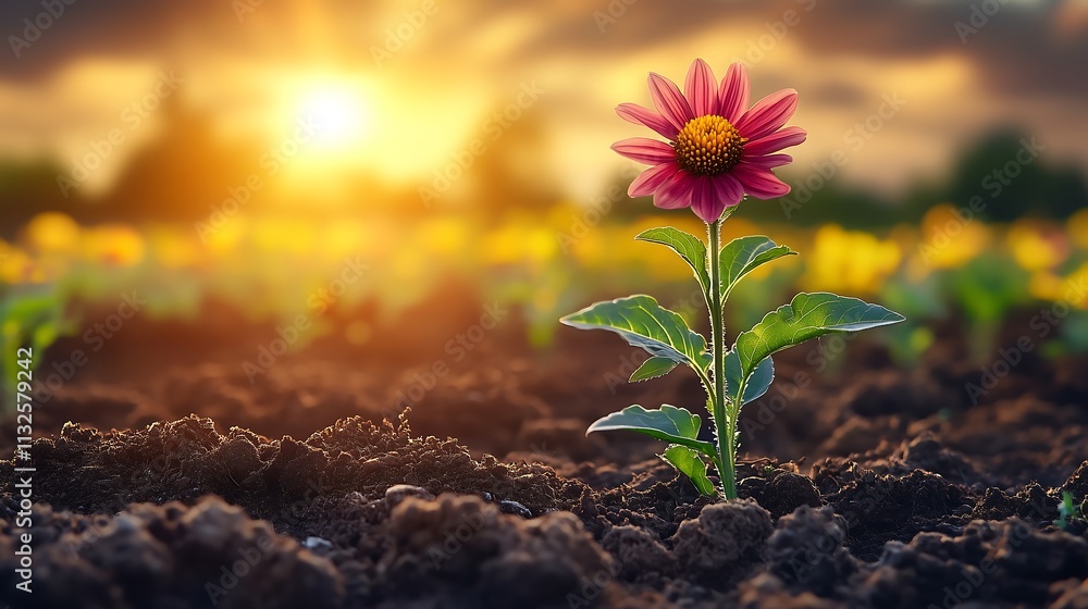 Sunrise Bloom: A single, vibrant pink dahlia stands tall amidst a field of budding sunflowers, bathed in the warm glow of a sunrise. The image evokes themes of growth, resilience. Sunrise Bloom: A single, vibrant pink dahlia stands tall amidst a field of budding sunflowers, bathed in the warm glow of a sunrise. The image evokes themes of growth, resilience.