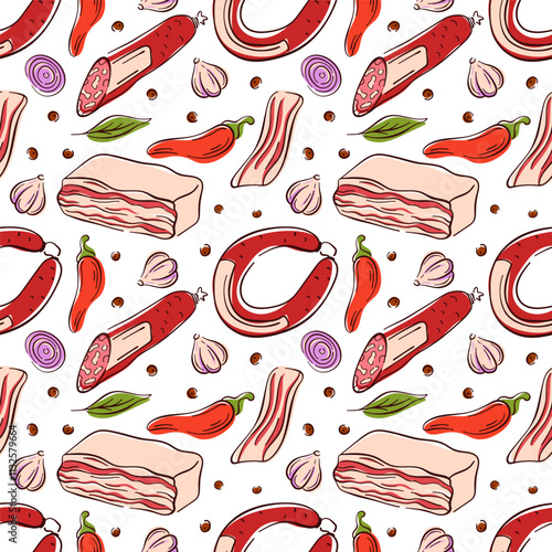 Seamless pattern of meat product sausage, bacon and salami in flat style. Ideal for food branding, butcher shop design and restaurant menu.