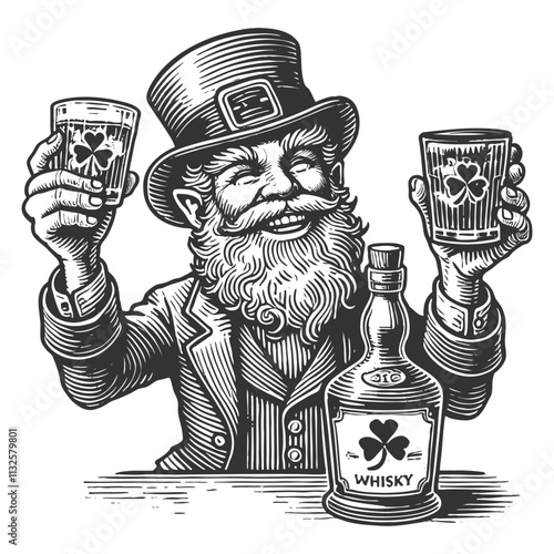 leprechaun raising a whiskey glass, wearing a top hat with a shamrock, celebrating in style sketch engraving generative ai vector illustration. Scratch board imitation. Black and white image.