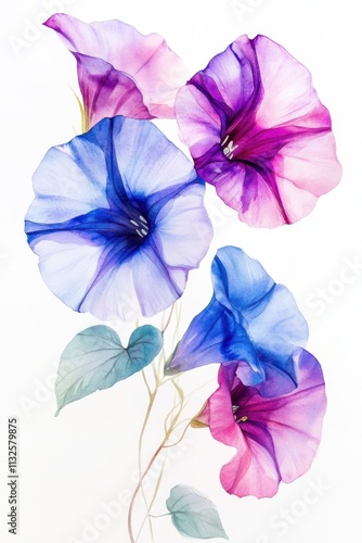 Delicate watercolor painting of morning glory flowers in shades of blue, pink, and purple
