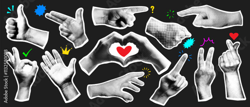 Set of retro halftone hand, magazine or newspaper cutout, human palm, y2k dotted comic arm sticker, hand gesture sign and collage element with torn paper texture and doodle grunge icon. Finger touch.