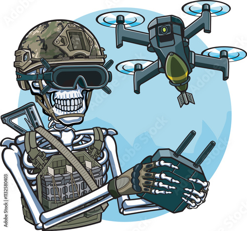 Skeleton soldier operating fpv Unmanned aerial vehicle kamikaze drone 
